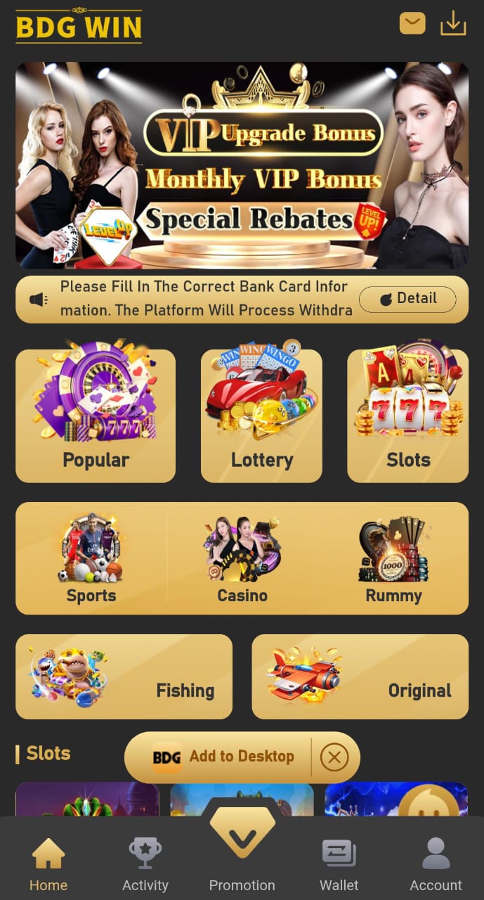 BDG Game app home screen showing Popular, Lottery, Slots, Sports, Casino, Rummy, Fishing and Original game categories
