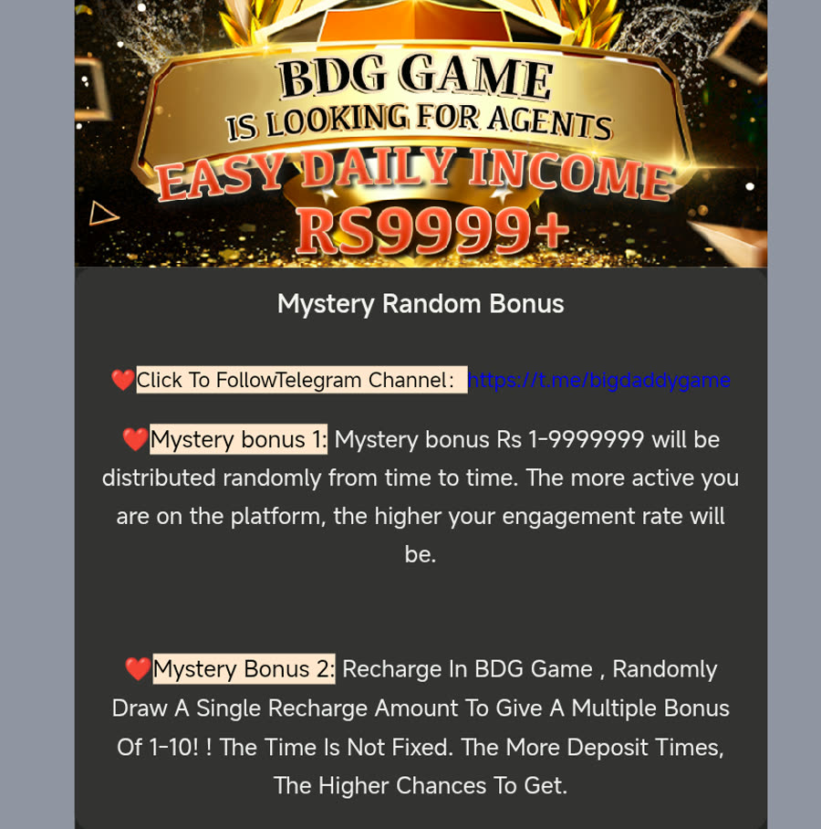 Mystery Random Bonus activity banner in the BDG Game app