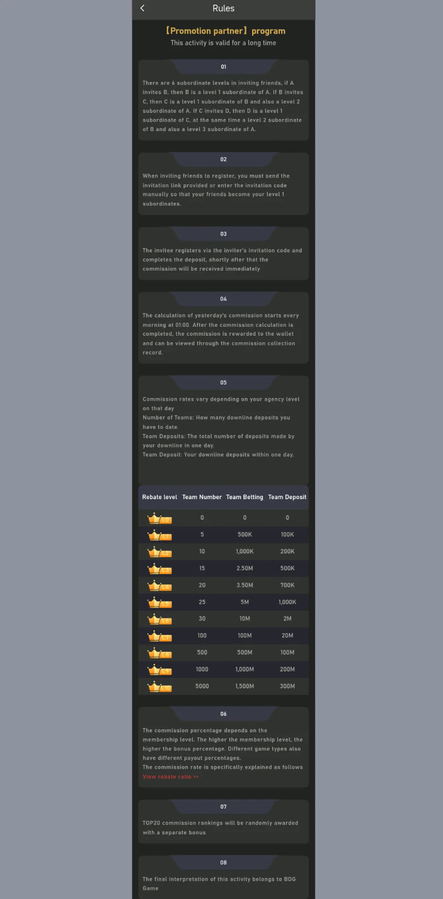 Promotion Partner Program activity banner in the BDG Game app
